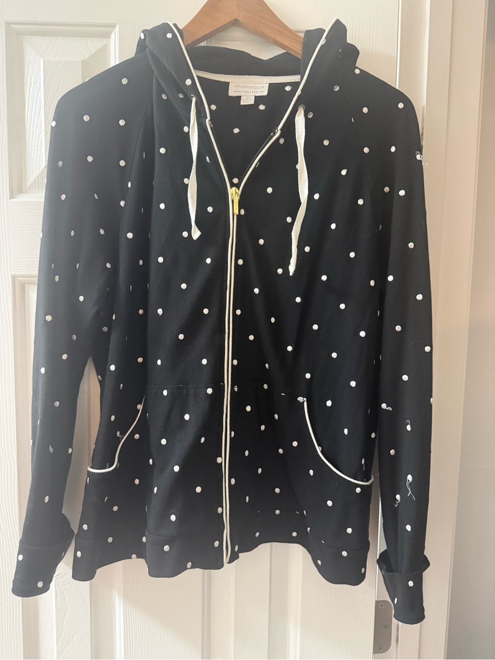 Charter Club Golf Full Zip Hoodie Black Polka Dot Jacket Pit to Pit 23.5 L 25